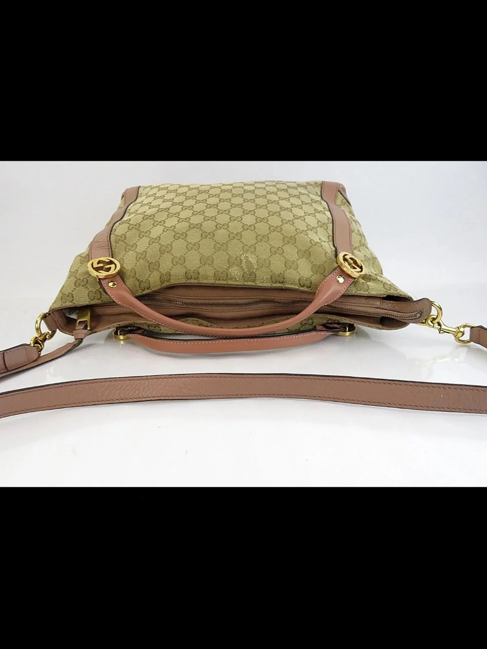 Gucci Beige GG Canvas Tote with Brown Leather Accents